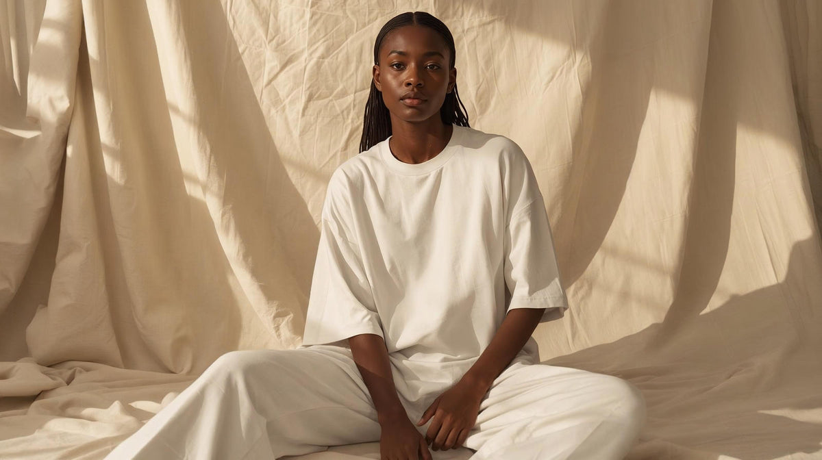 Person wearing a white organic Woven Secrets  t-shirt and pant outfit at Oatmeal Apparel Co.