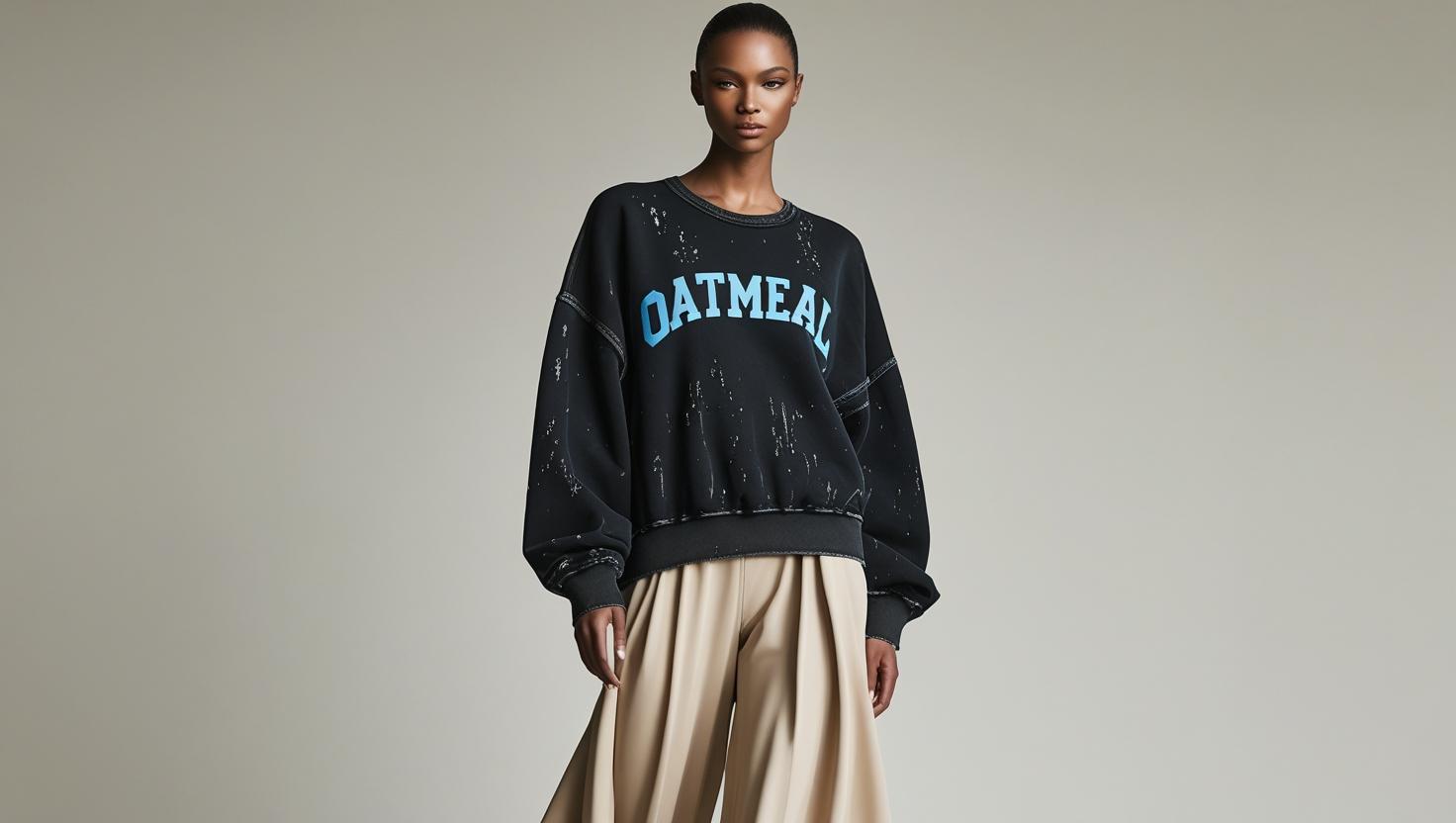 Woman wearing a black sweatshirt with 'OATMEAL' text, Oatmeal Apparel Co. Limited Edition collection.
