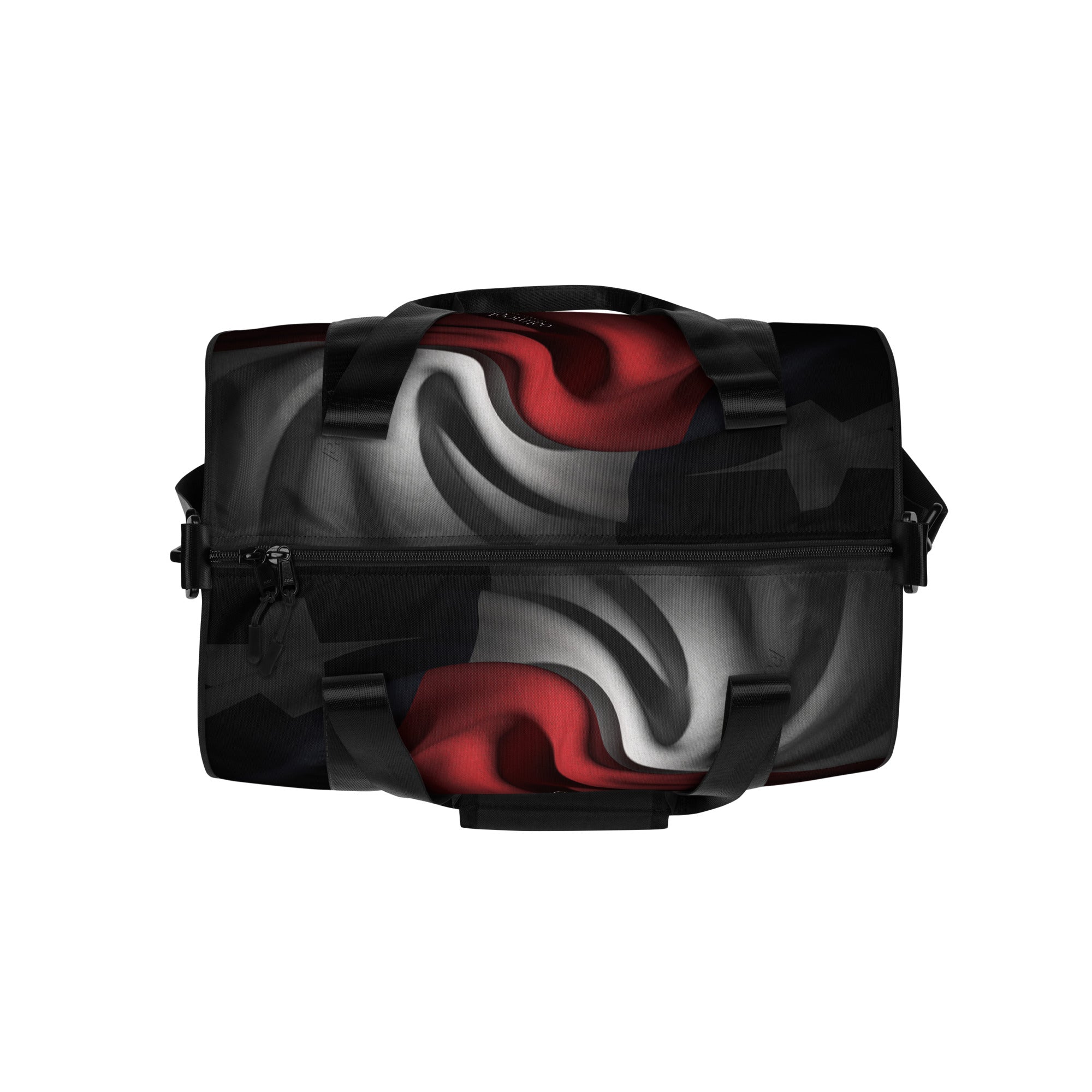 Black bag with red and gray custom abstract design at Oatmeal Apparel Co.