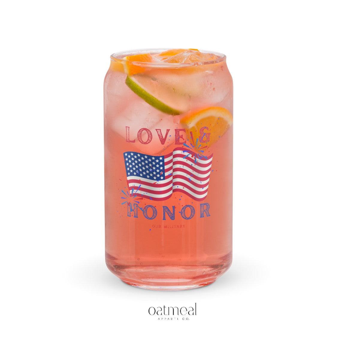 Glass of pink cocktail with American flag and 'Love & Honor' text at Oatmeal Apparel Co.