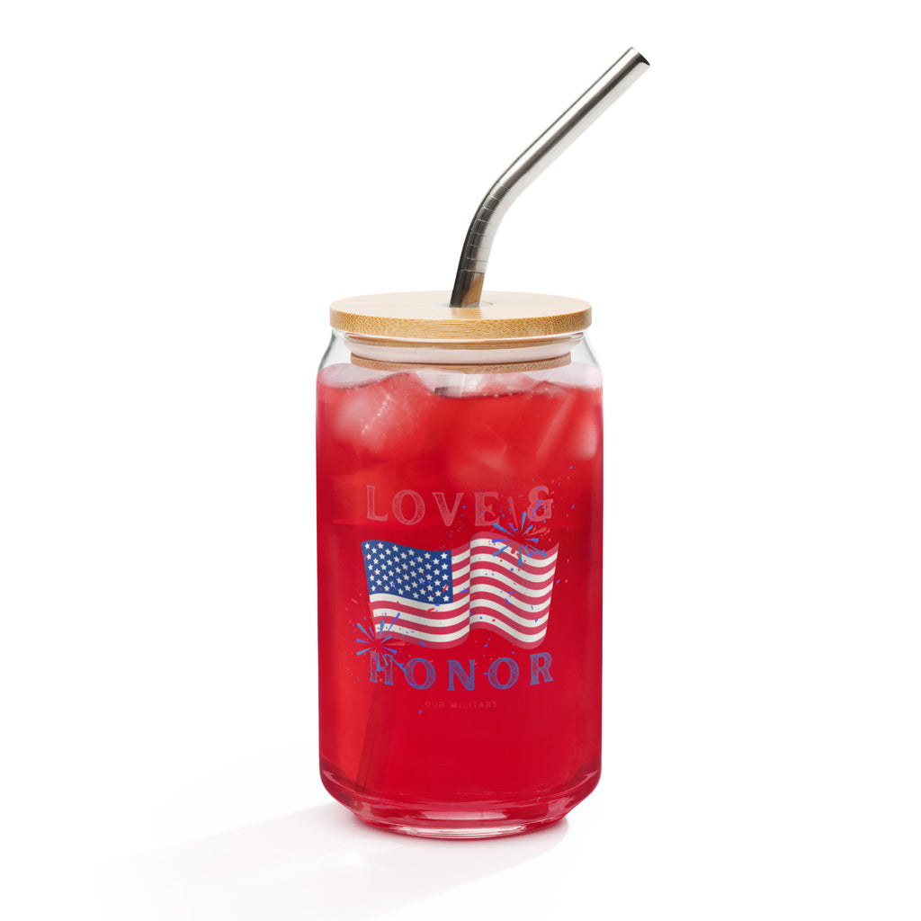 Red glass jar with American flag and 'Love & Honor' text on a white background at Oatmeal Apparel Co.