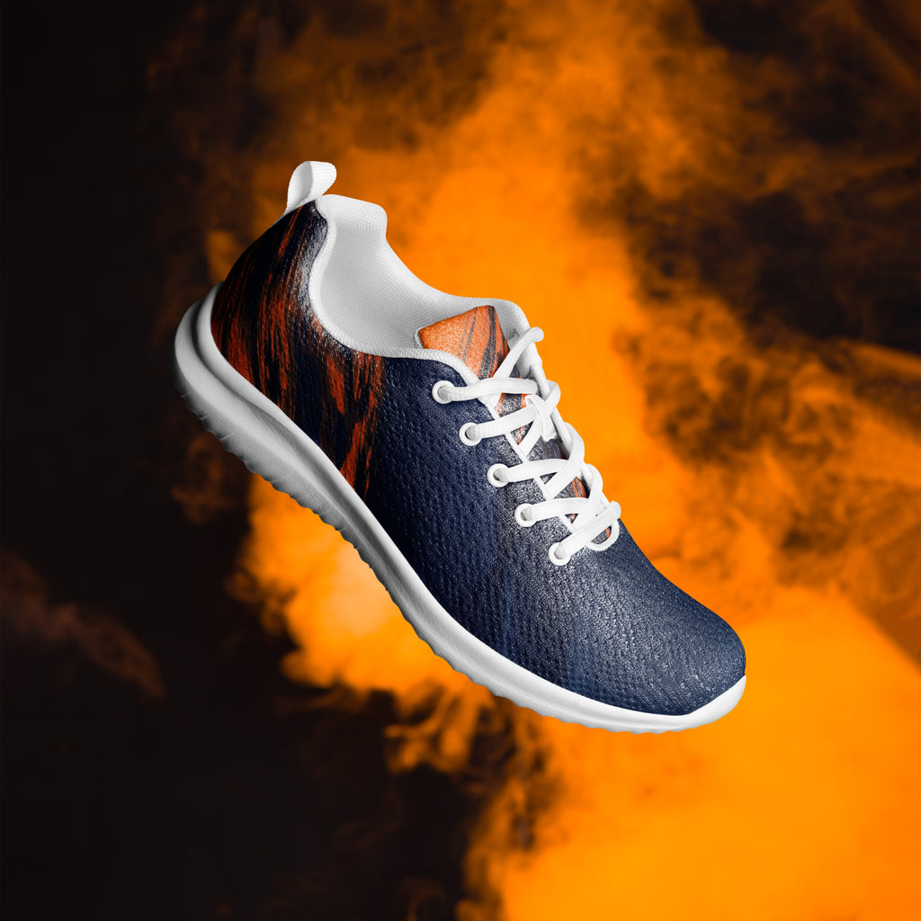 Blue athletic shoe with white laces on a fiery background, Men's Spotlight at Oatmeal Apparel Co.