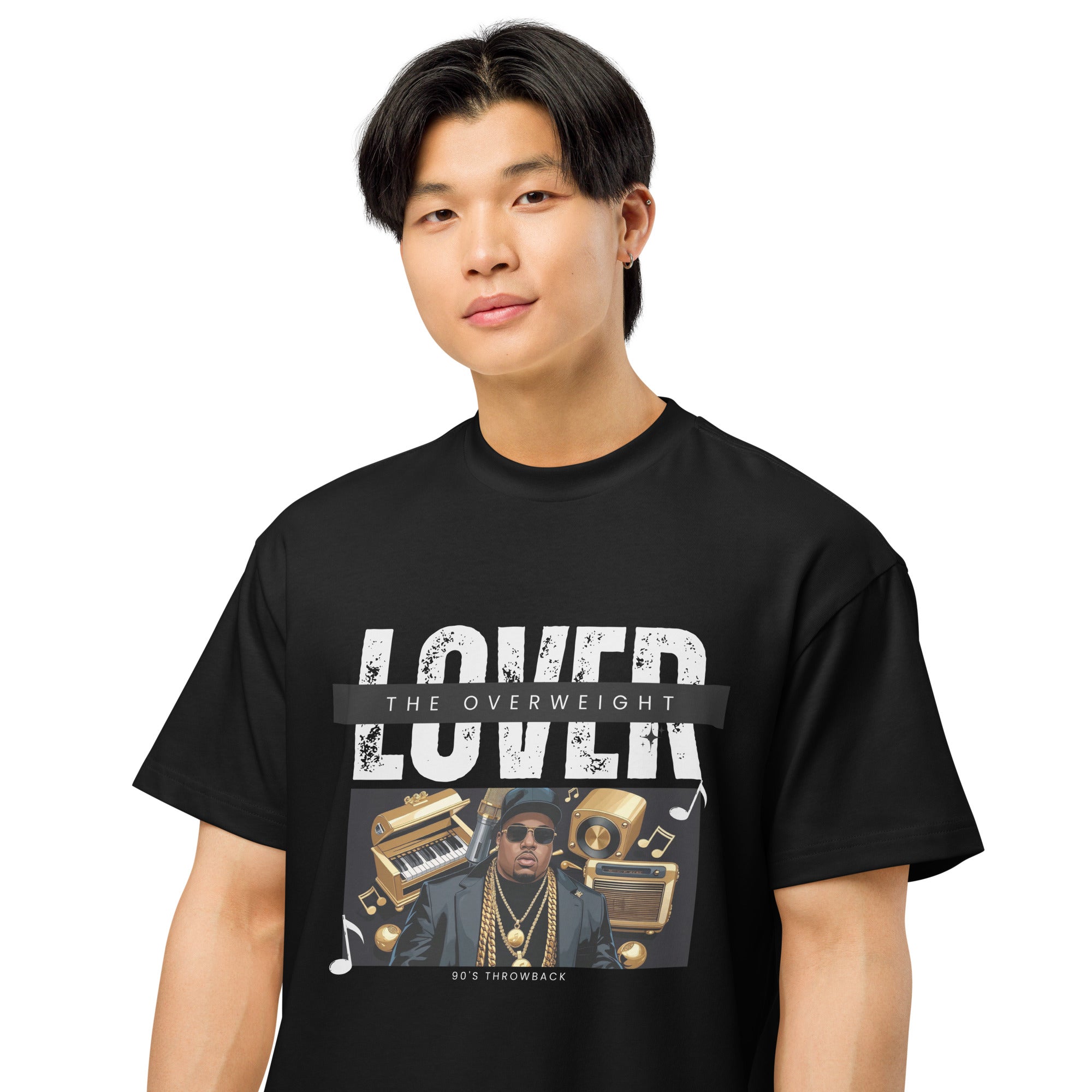 Person wearing a black t-shirt with 'OVERWEIGHT LOVER' graphic design and text at Oatmeal Apparel Co.