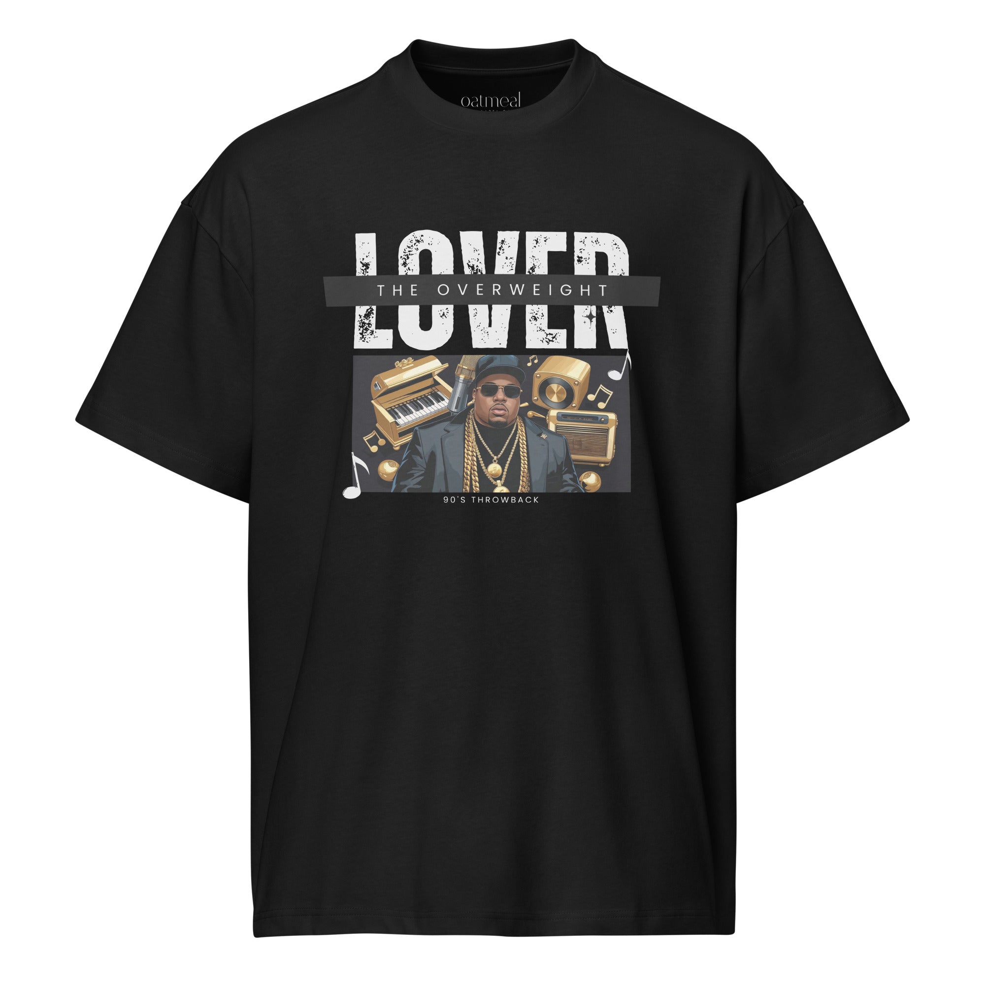 Black t-shirt with 'overweight lover' graphic design at Oatmeal Apparel Co.