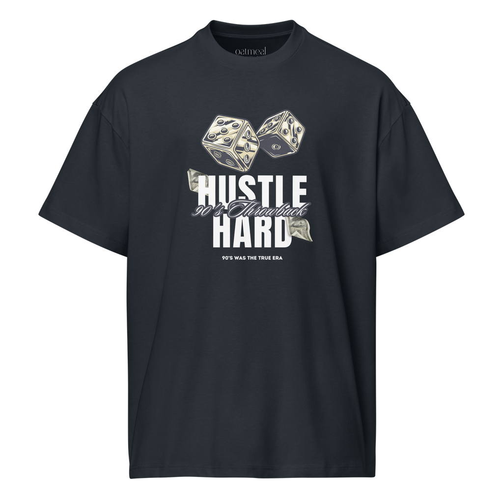 Black t-shirt with dice graphic and 'hustle hard' text on a white background at Oatmeal Apparel Co.