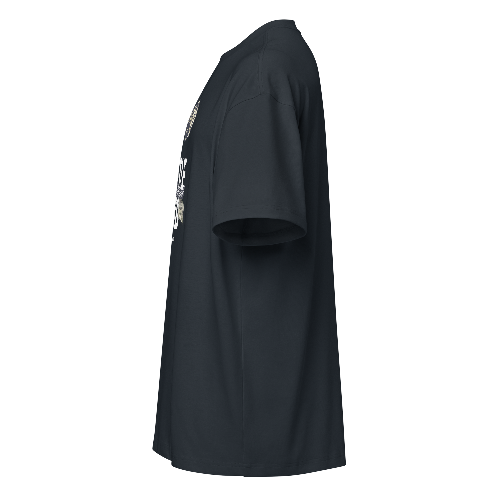 Black t-shirt with a small white logo on the sleeve against a white background at Oatmeal Apparel Co.