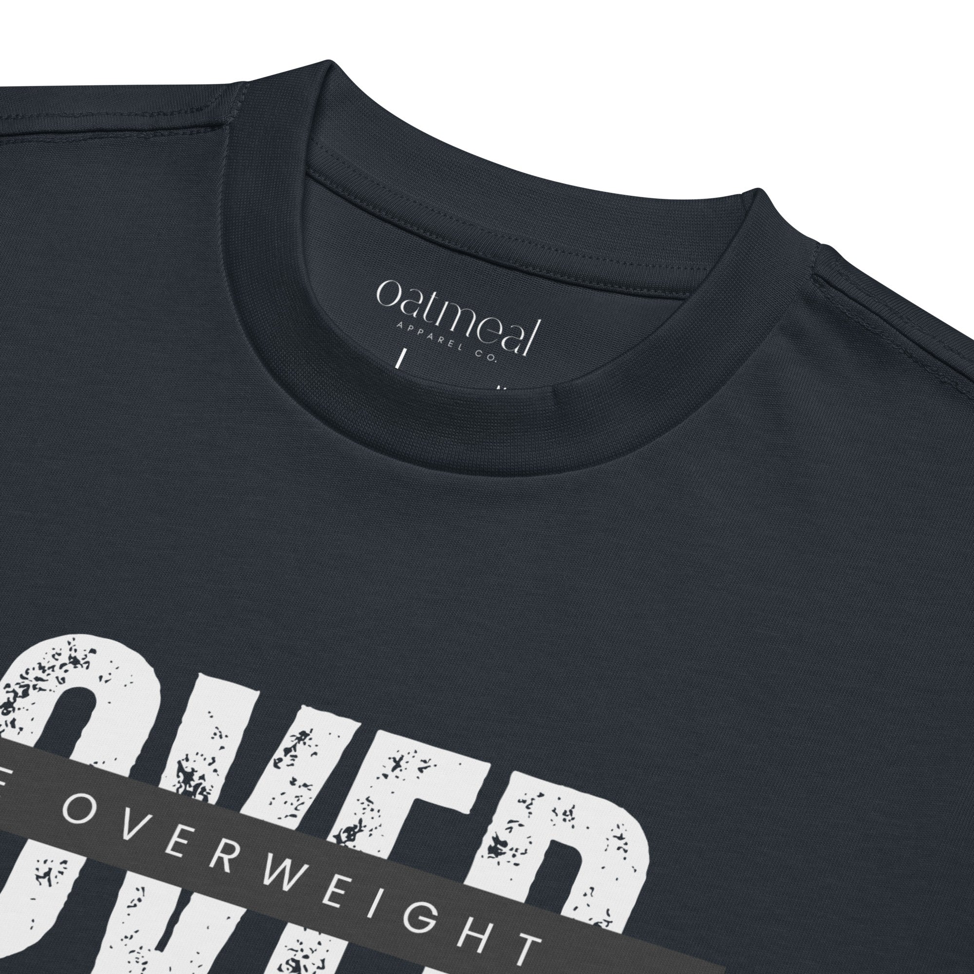 Black t-shirt with   'OVERWEIGHT LOVER' text, featuring the Oatmeal brand.