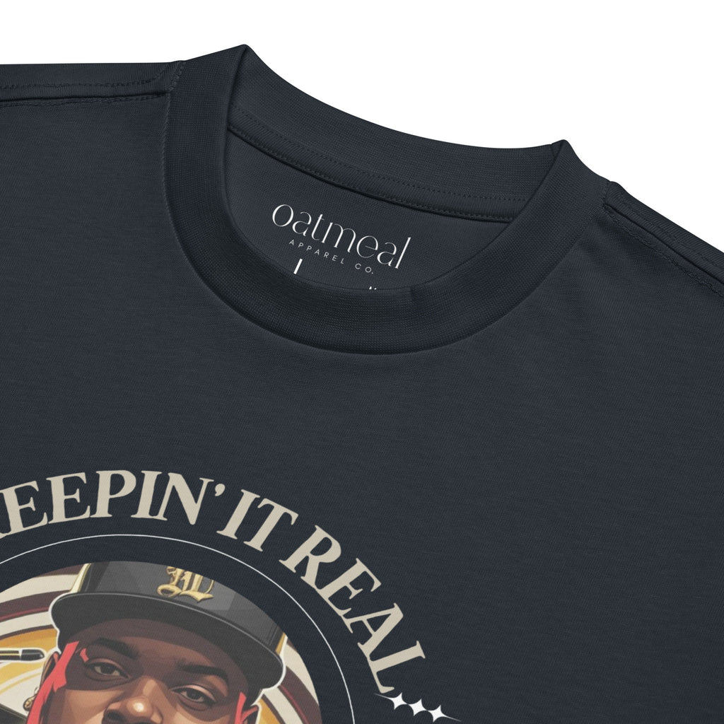 Navy blue t-shirt with graphic design and 'Oatmeal' brand label at Oatmeal Apparel Co.