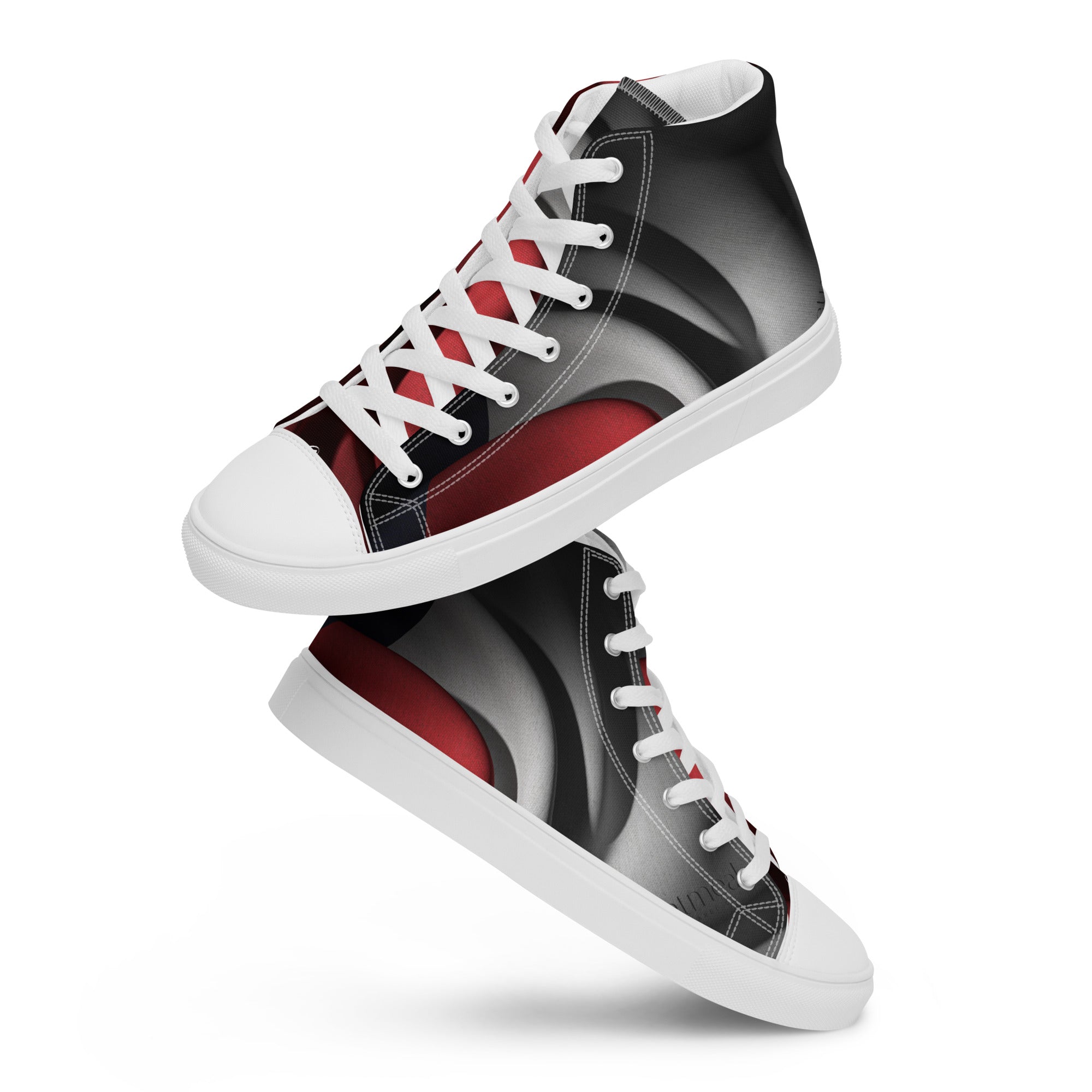 Pair of high-top sneakers with black, red, and gray design on a white background at Oatmeal Apparel Co.