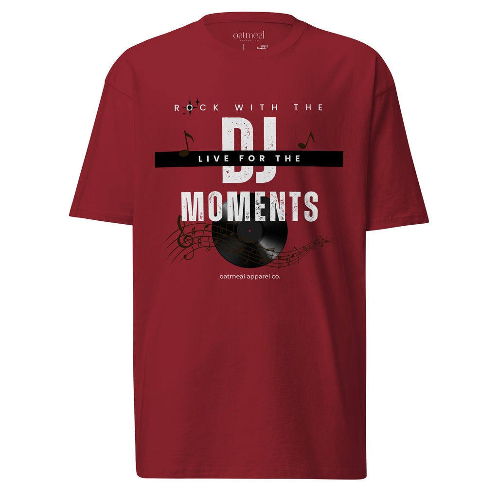 Red t-shirt with DJ-themed design and text on a white background available at Oatmeal Apparel Co.