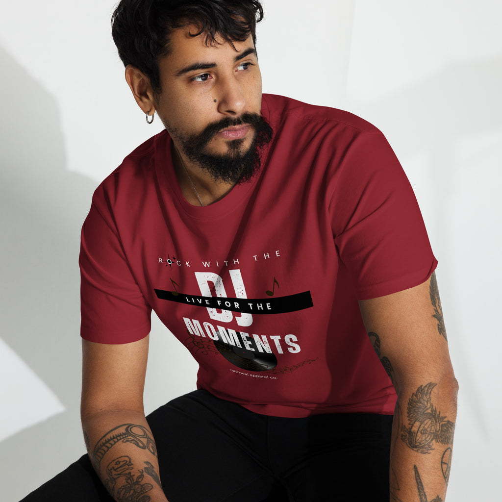 Man wearing a red DJ-themed t-shirt with text sitting against a white background available at Oatmeal Apparel Co.