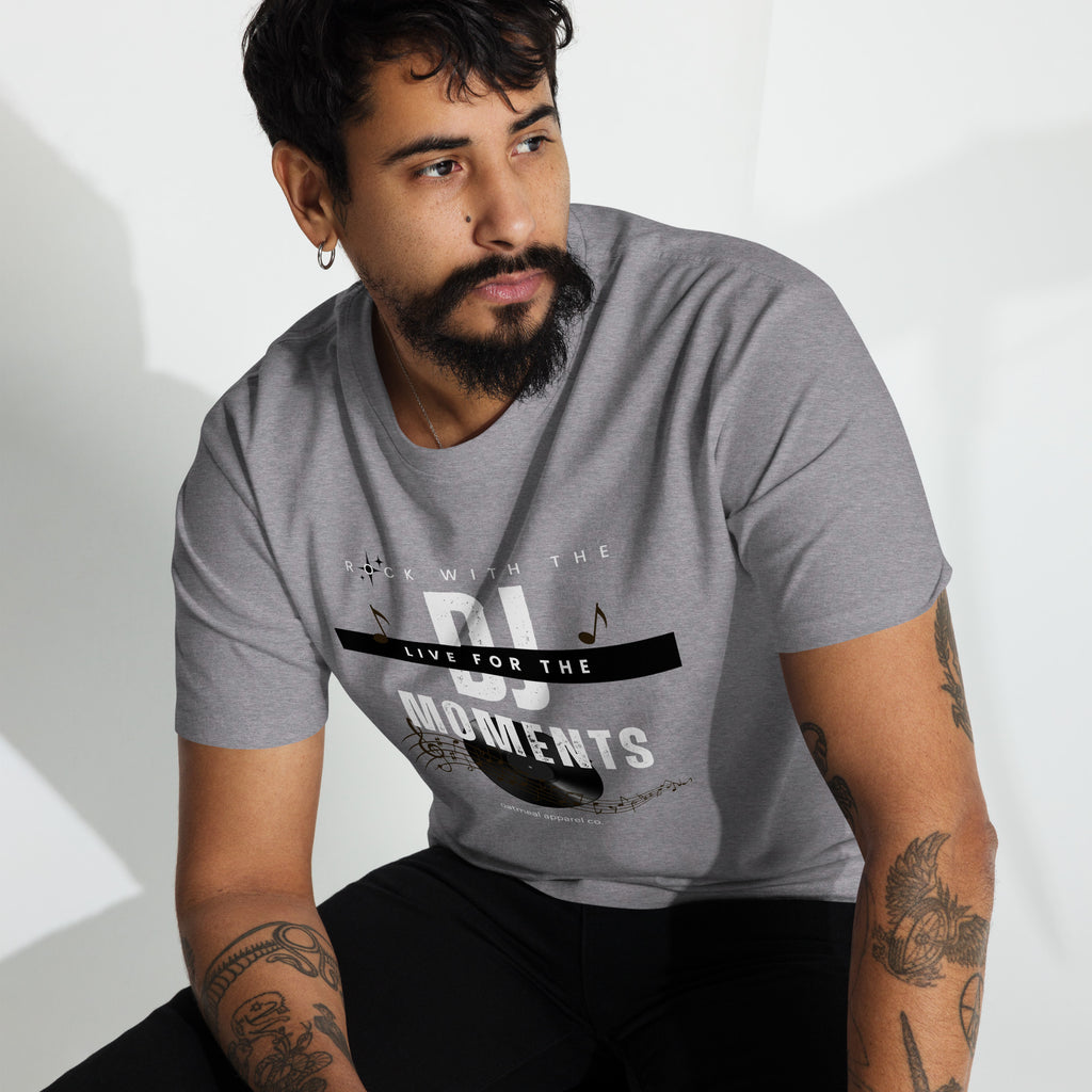 Man wearing a gray t-shirt with DJ music themed text and graphics on a white background available at Oatmeal Apparel Co.