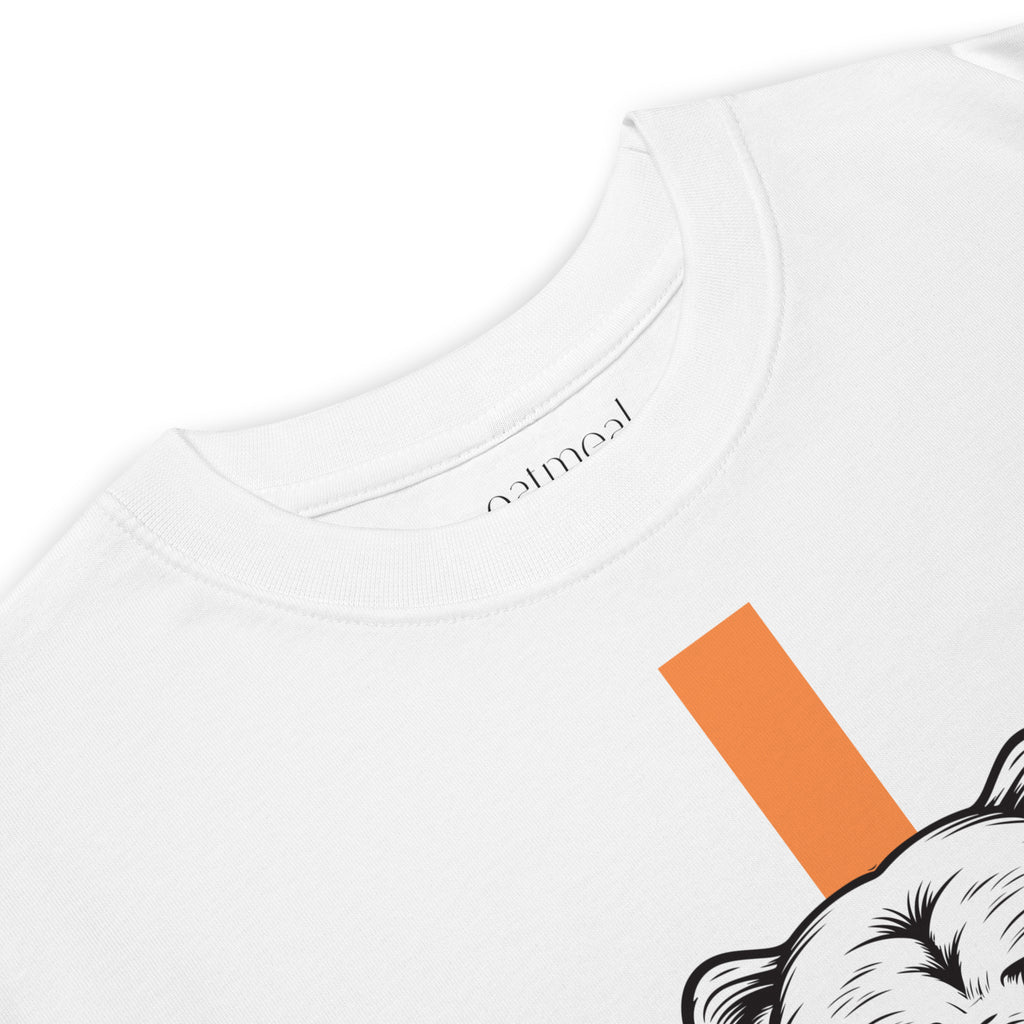 Close-up of White t-shirt with 'oatmeal' branding logo and black design on a white background at Oatmeal Apparel Co.
