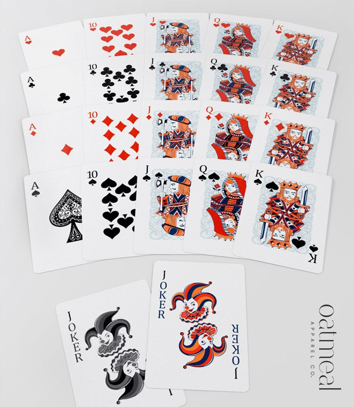 Set of playing cards with colorful joker illustrations on a white background with 'Oatmeal Apparel Co' branding.