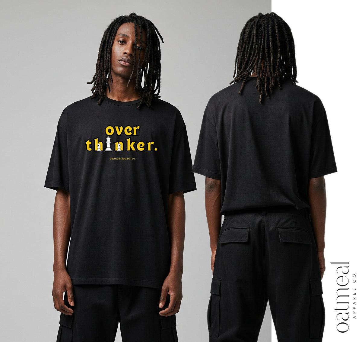 A male model shown from the front and back wearing a black oversized t-shirt with yellow and white graphic text reading 'over thinker.' on the chest, paired with black cargo pants at Oatmeal Apparel Co.