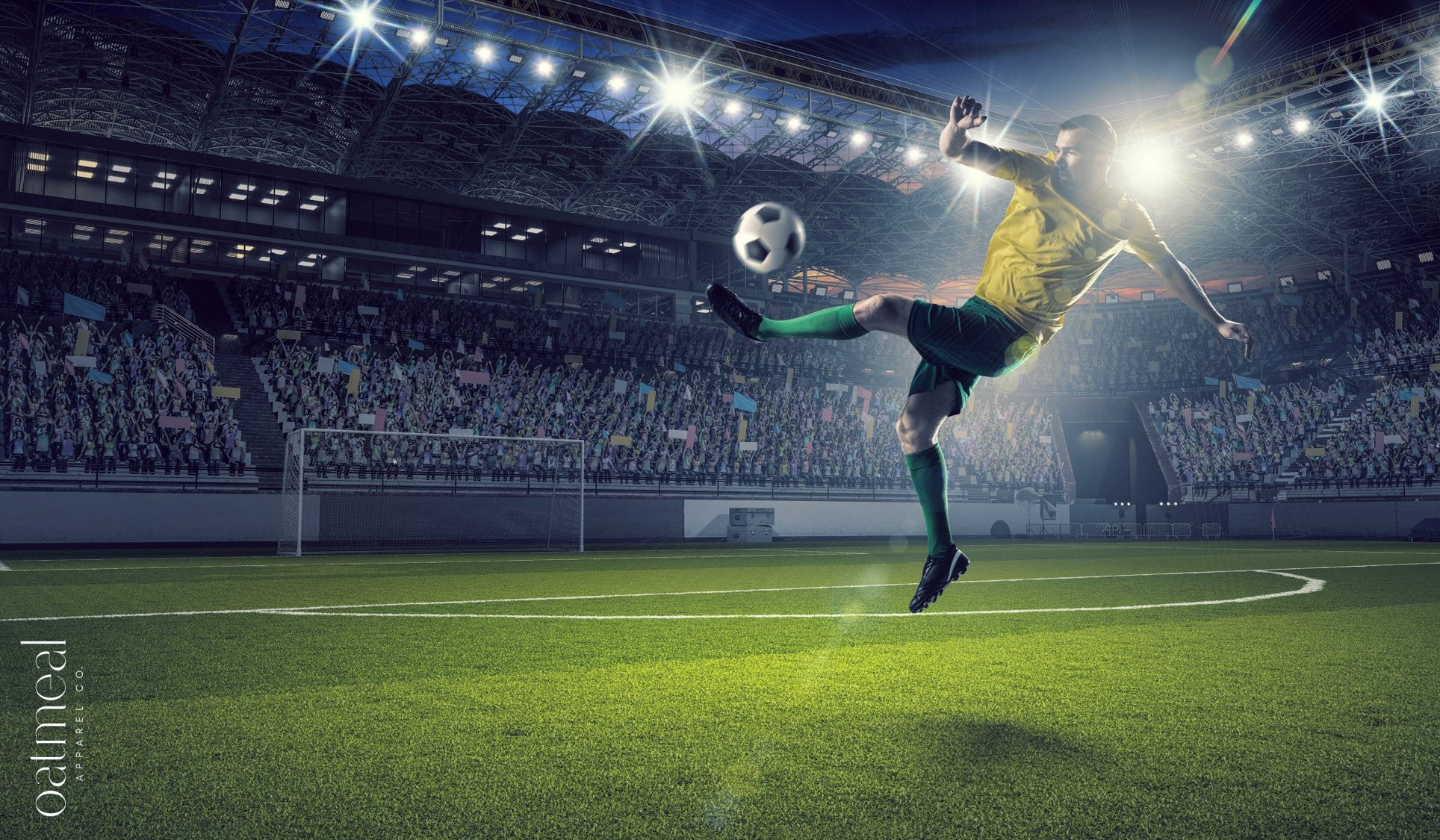 Soccer player kicking a ball on a stadium with bright lights from Oatmeal Apparel Co., World Cup 2026.