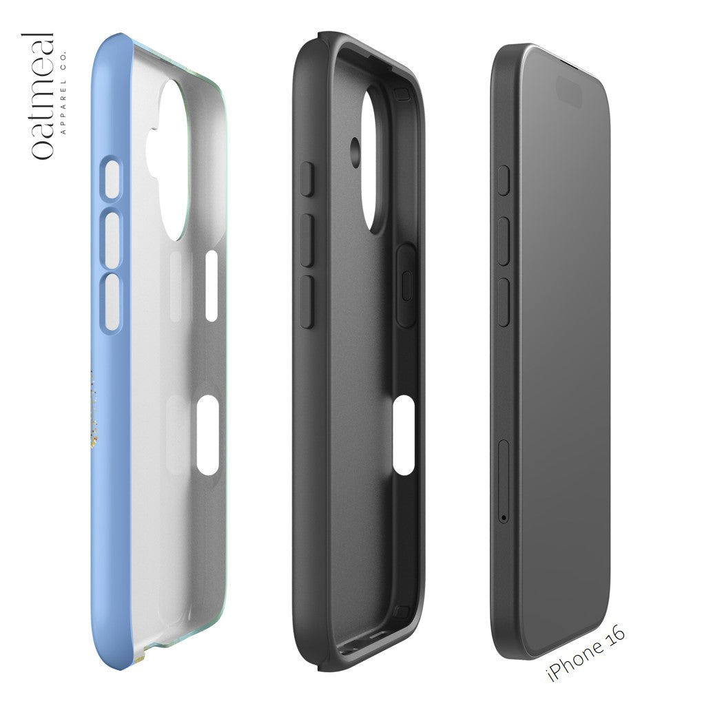 Three phone cases in blue, black, and gray for iPhone cases with 'oatmeal' branding.