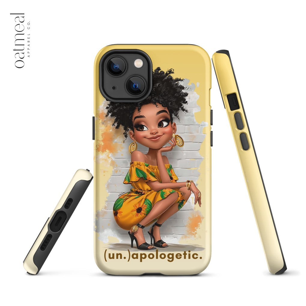 iPhone case with a cartoon character and 'un.apologetic' text on a yellow background at Oatmeal Apparel Co.