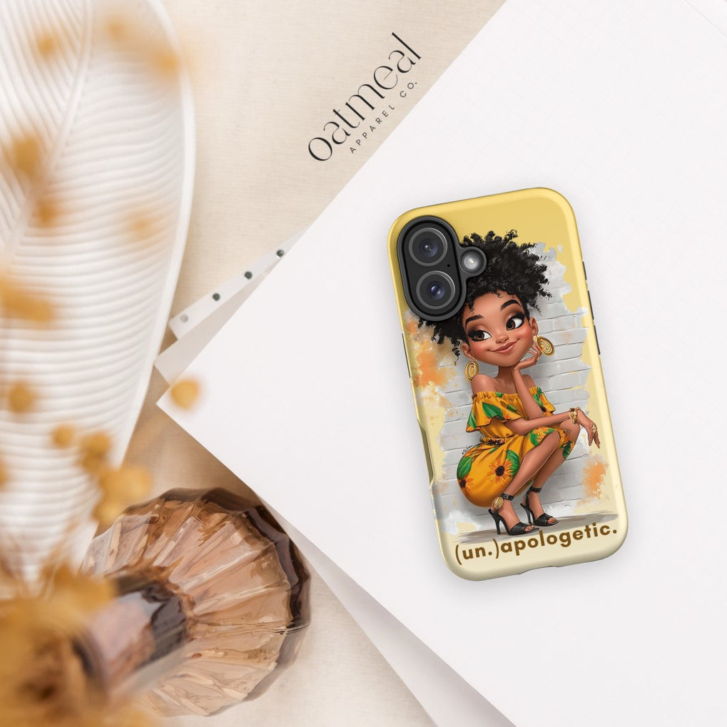 iPhone phone case with a black beauty character design on a white surface with 'Oatmeal' branding.