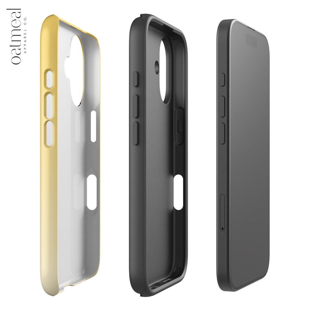 Sideview iPhone case showing three phone cases in gold, black, and gray on a white background at Oatmeal Apparel Co.