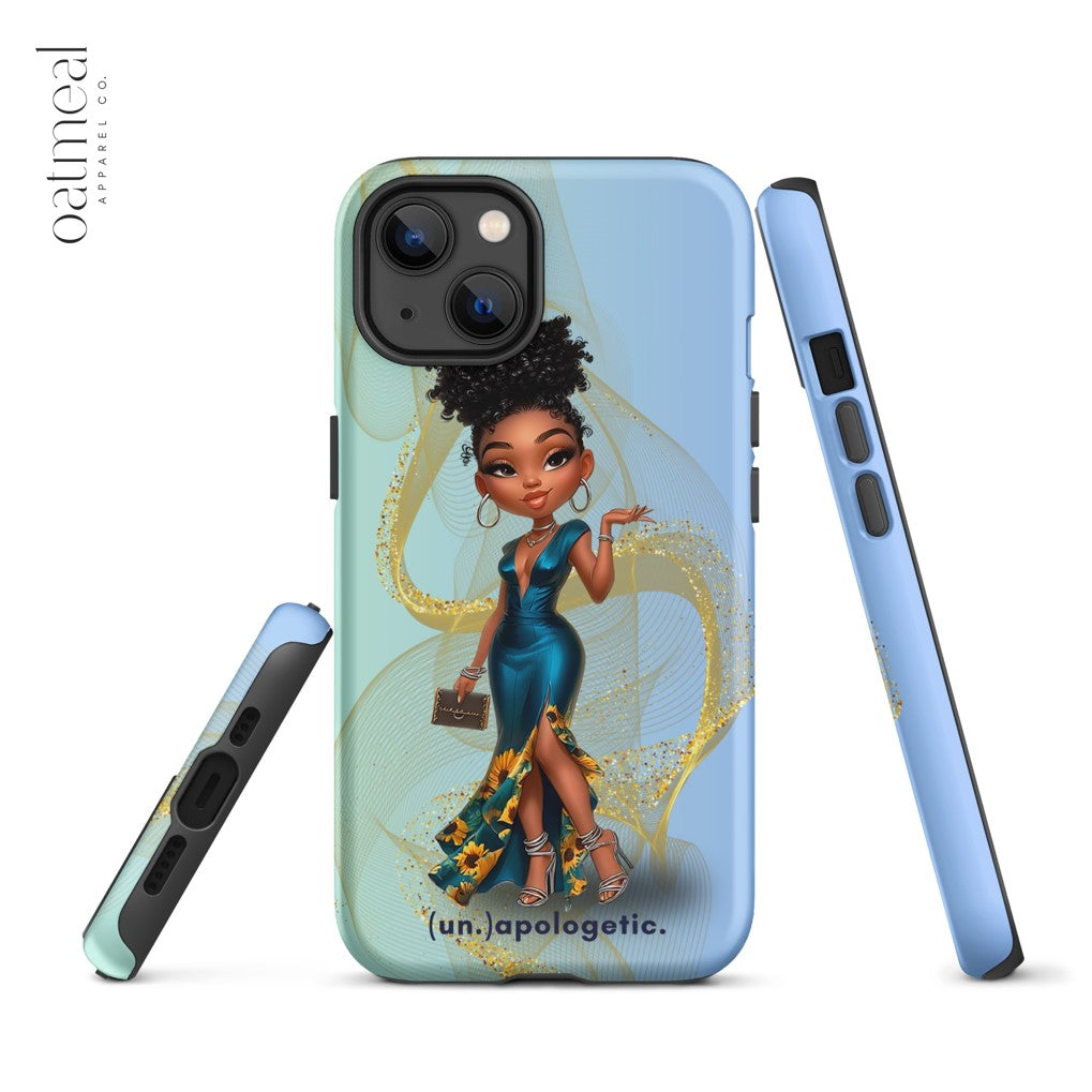 iPhone case with a stylized illustration of a woman in a blue dress on a light blue background at Oatmeal Apparel Co.