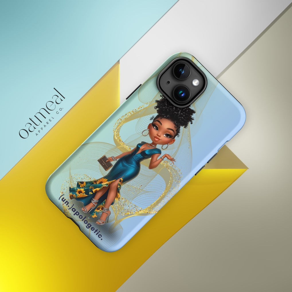 iPhone case with a design of a woman in a blue dress on a colorful at Oatmeal Apparel Co.