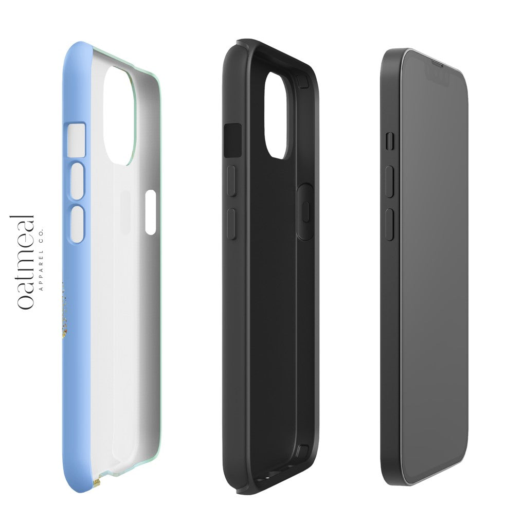 Three phone cases in blue, black, and gray for an iPhone with 'oalmeal' branding.
