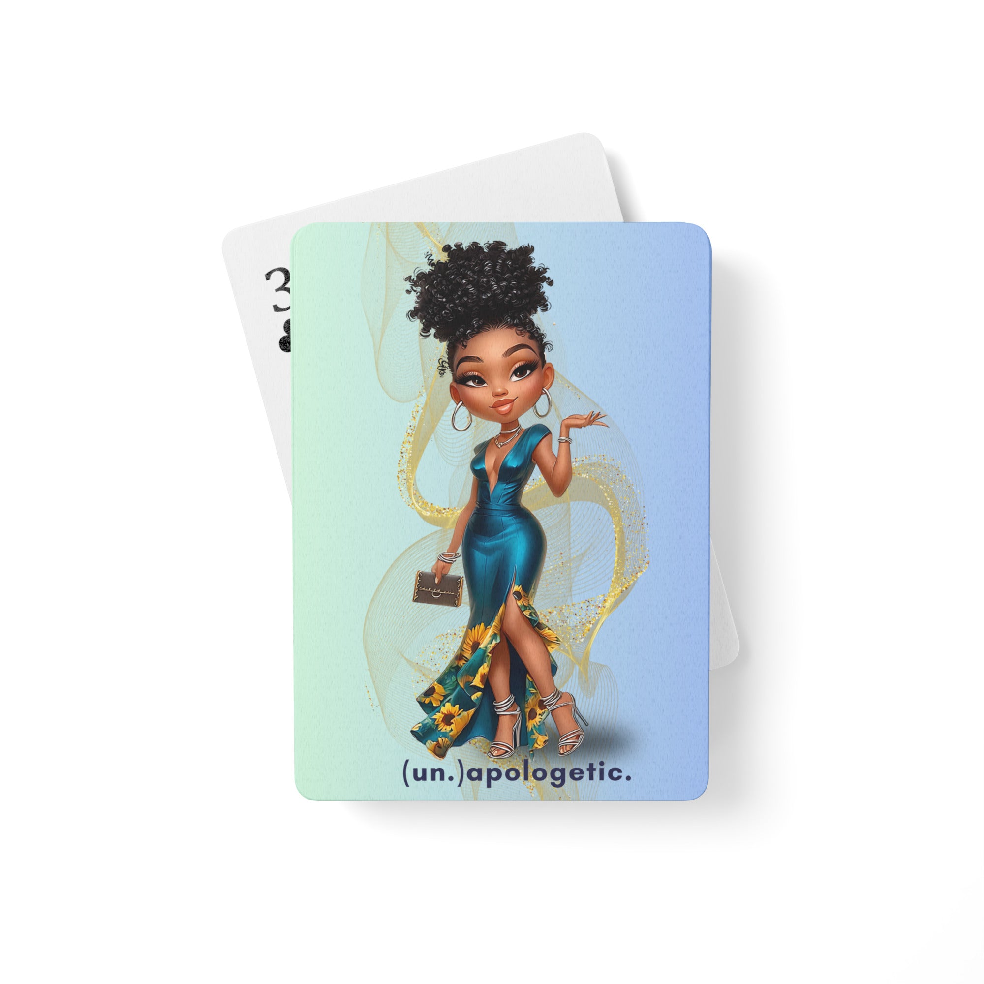 Playing card with a character in a blue dress and sunflower skirt on a white background available at Oatmeal Apparel Co.