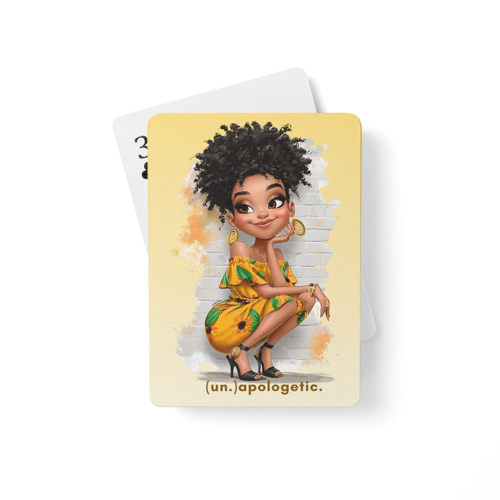 Deck of Cards with a stylized illustration of a person in a yellow dress on a white background at Oatmeal Apparel Co.