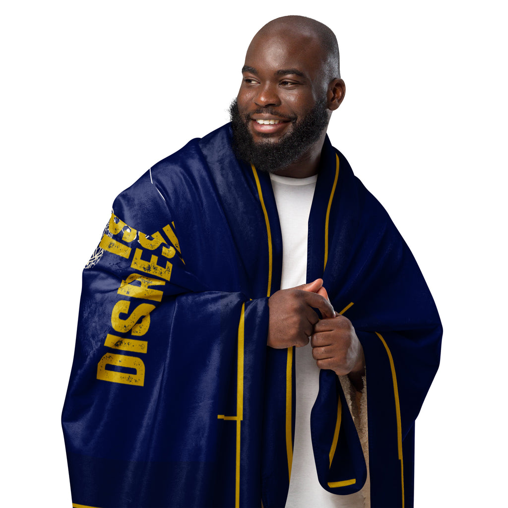 Man wearing a blue robe with yellow text on a white background at Oatmeal Apparel Co.
