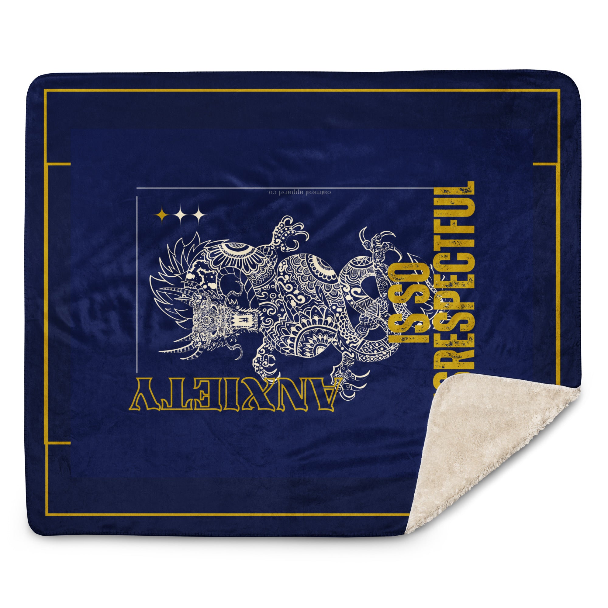 Navy blue blanket with a white dragon design and text at Oatmeal Apparel Co.