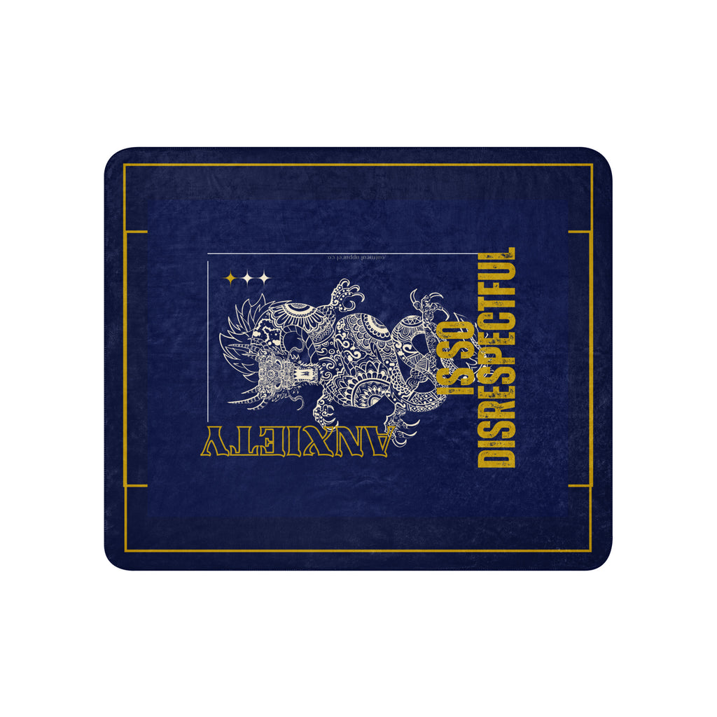 Navy blue plush sherpa blanket with gold border and 'Anxiety' text design at Oatmeal Apparel Co.
