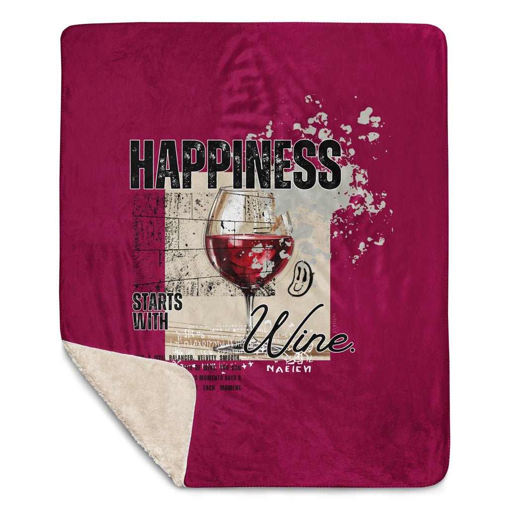 Blanket with wine glass design and text on a red background at Oatmeal Apparel Co.