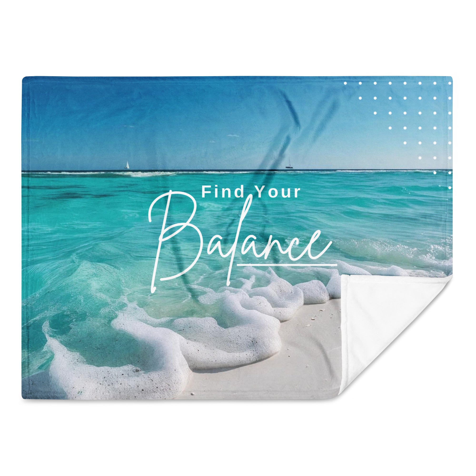 Blanket with beach scene and 'Find Your Balance' text available at Oatmeal Apparel Co.