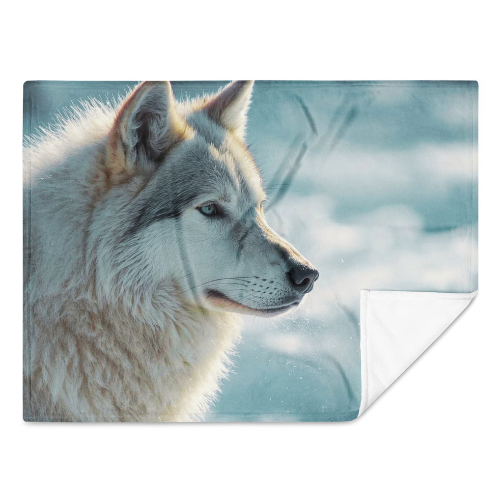 Fleece blanket with a wolf design on a snowy background at Oatmeal Apparel Co.