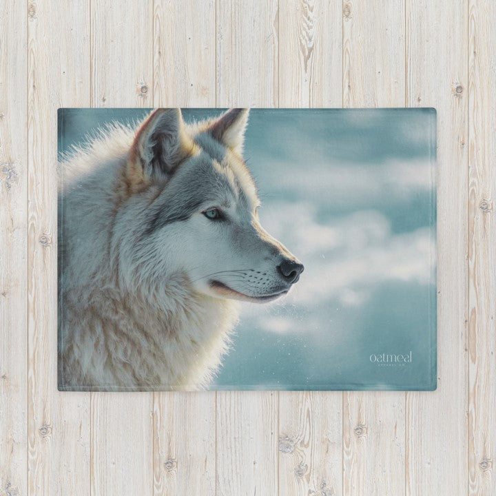 Wolfdog portrait on blanket on a wooden surface mockup at Oatmeal Apparel Co.