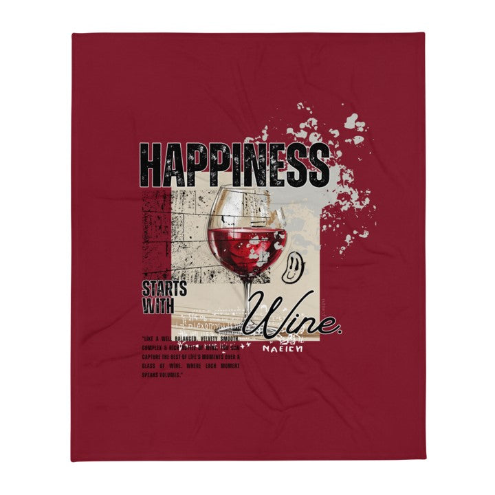 Red blanket with a graphic of a wine glass and text on a white background at Oatmeal Apparel Co.