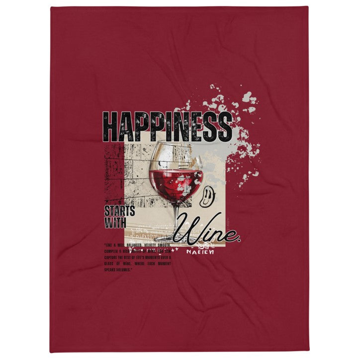 Red blanket with a graphic of a wine glass and text on a white background at Oatmeal Apparel Co.
