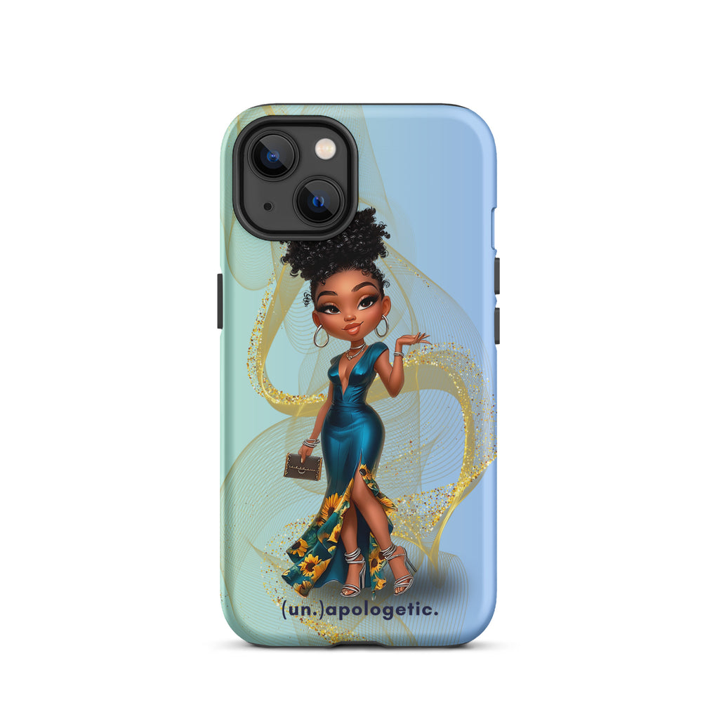 iPhone case with a stylized illustration of a woman in a blue dress on a light blue background at Oatmeal Apparel Co.