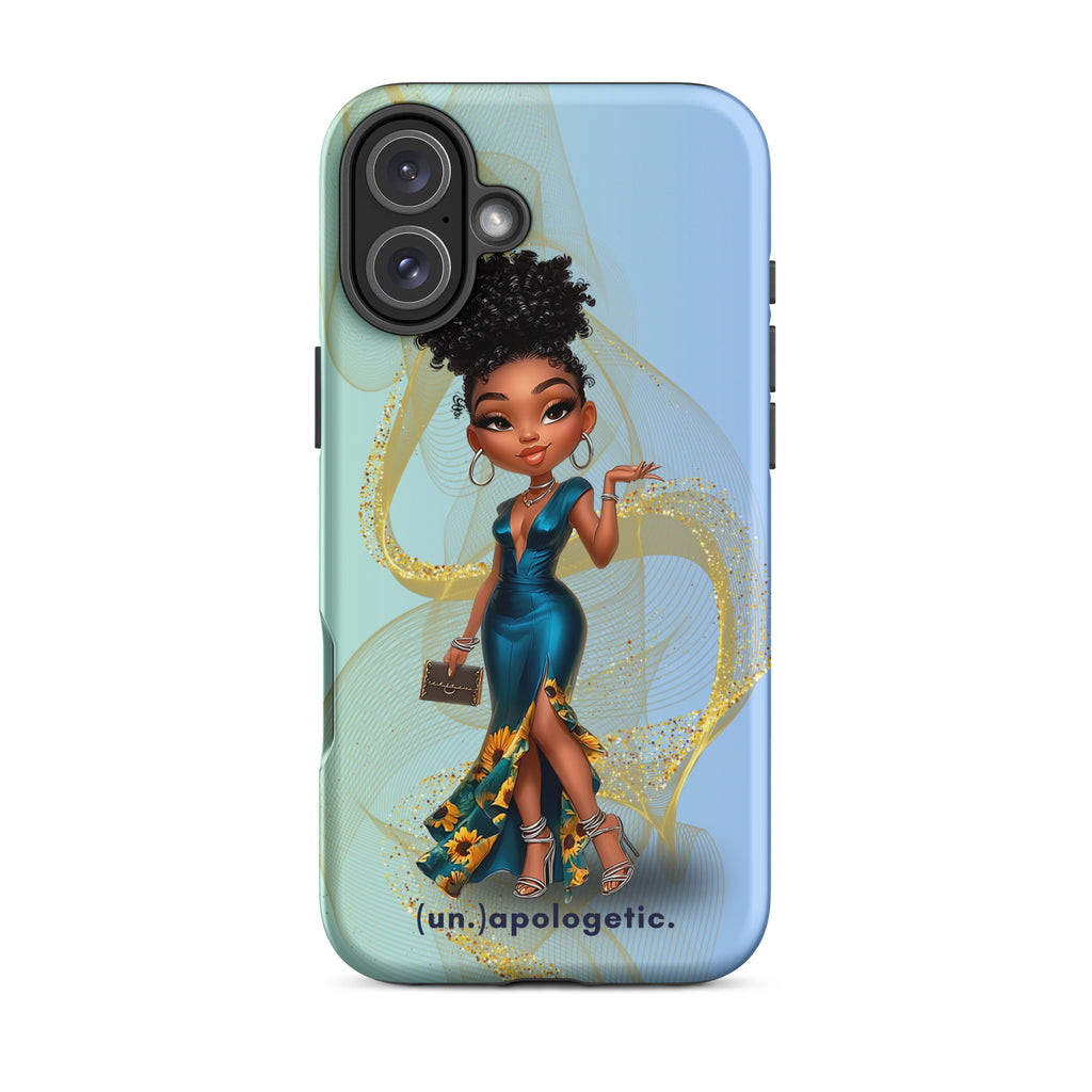 iPhone phone case with a stylized illustration of a woman in a blue dress on a light blue background at Oatmeal Apparel Co.