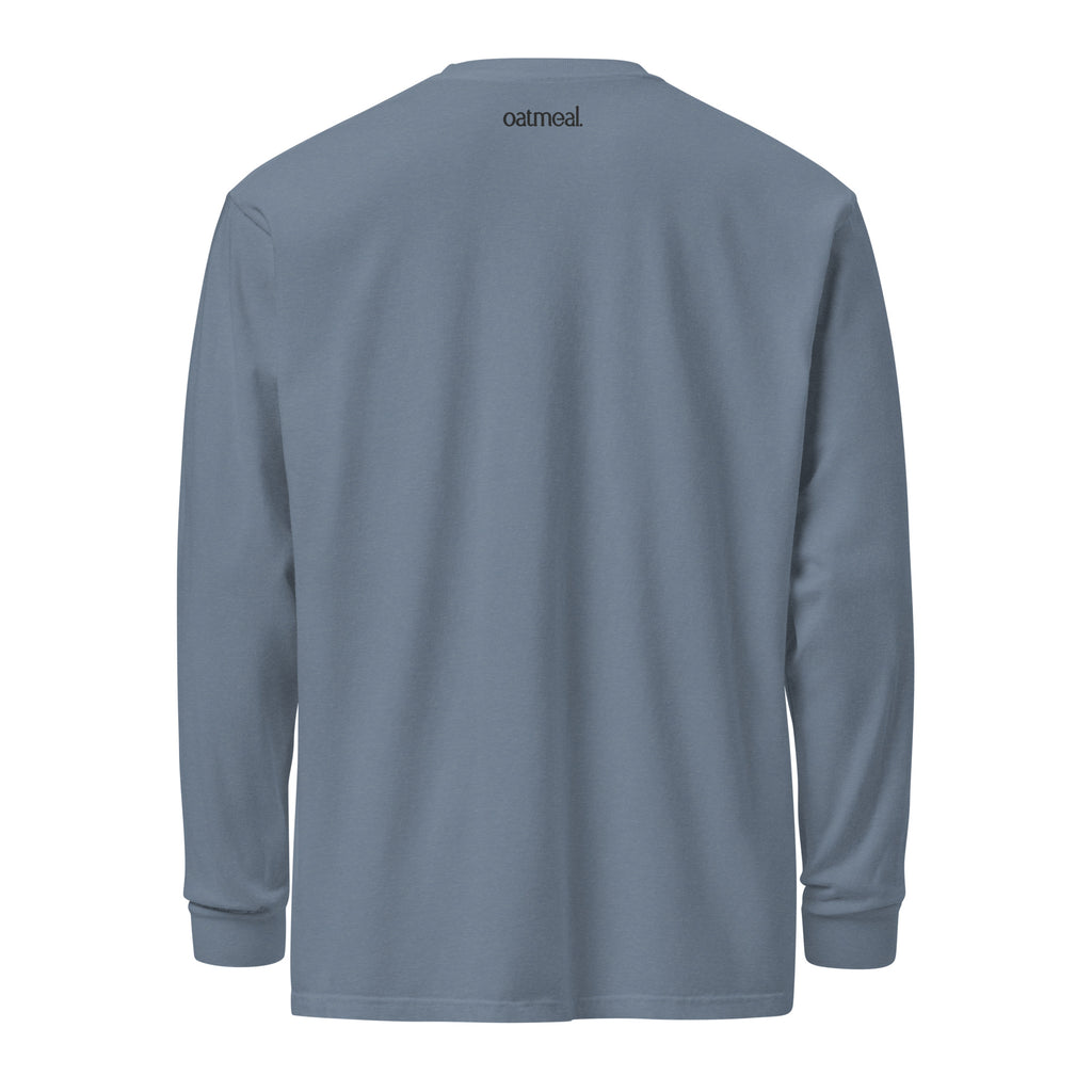 Blue long-sleeve shirt with 'oatmeal' logo on the back against a white background at Oatmeal Apparel Co.