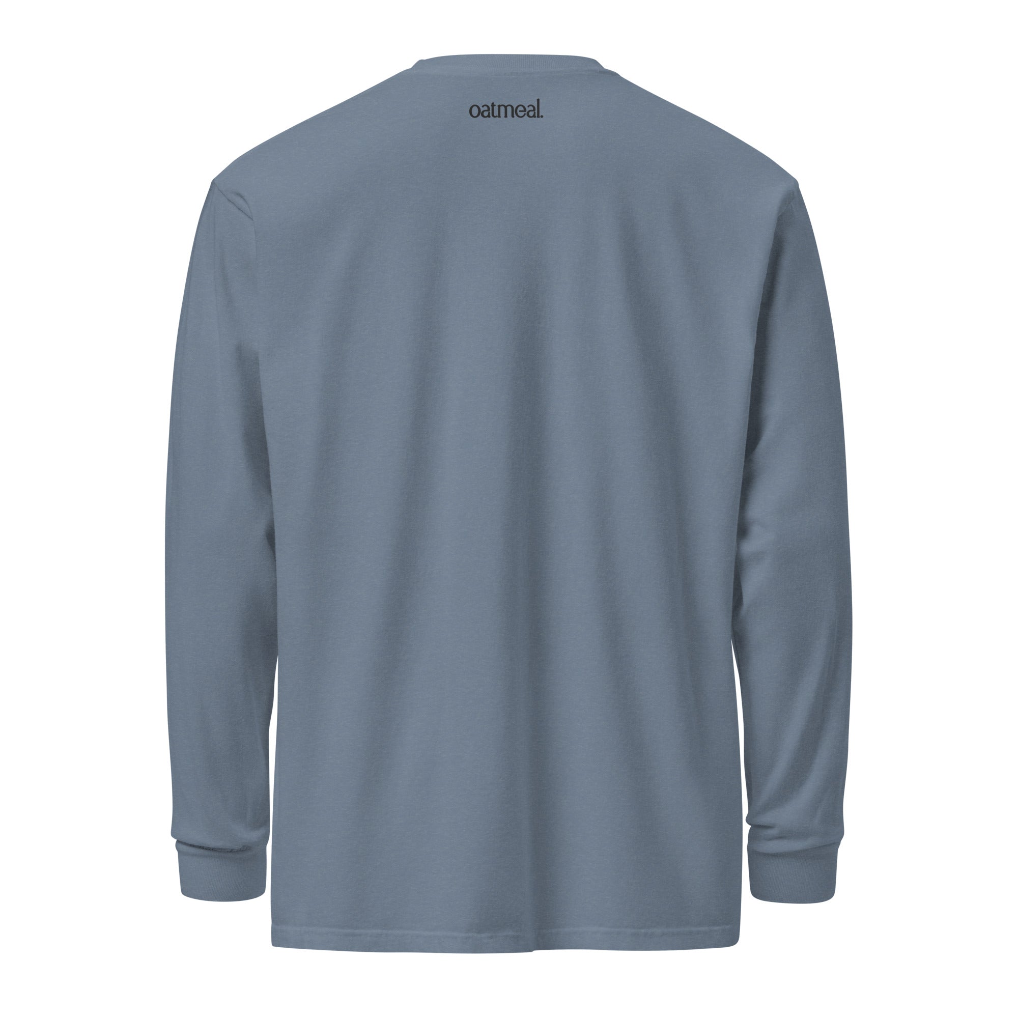 Blue long-sleeve shirt with 'oatmeal' logo on the back against a white background at Oatmeal Apparel Co.