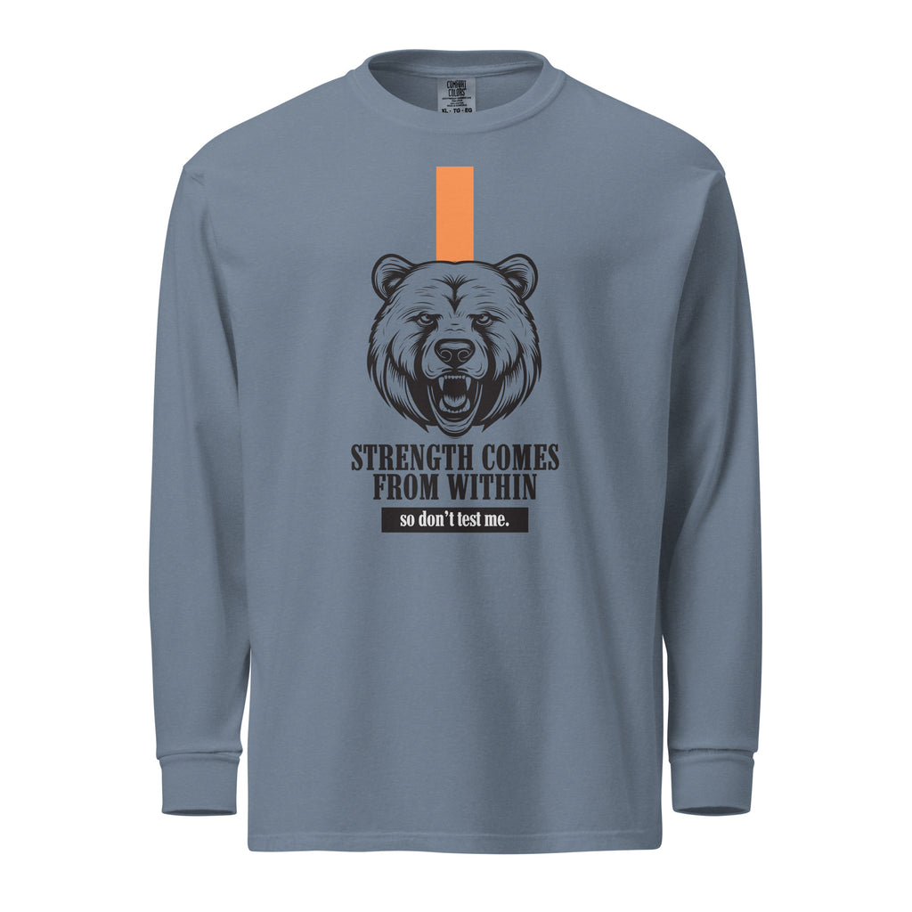 Blue jean color long-sleeve shirt with bear graphic and motivational text on a white background at Oatmeal Apparel Co.