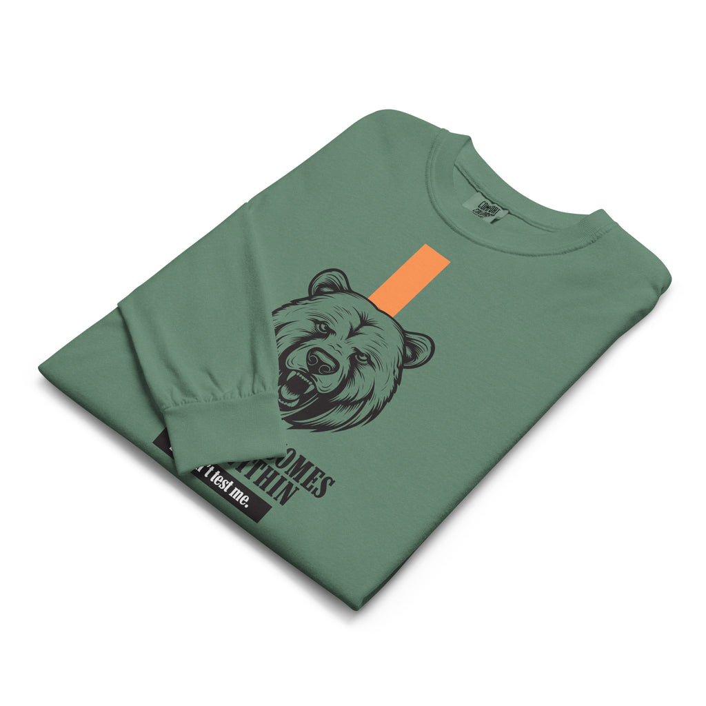 Green long-sleeve t-shirt with bear graphic and text on a white background at Oatmeal Apparel Co.