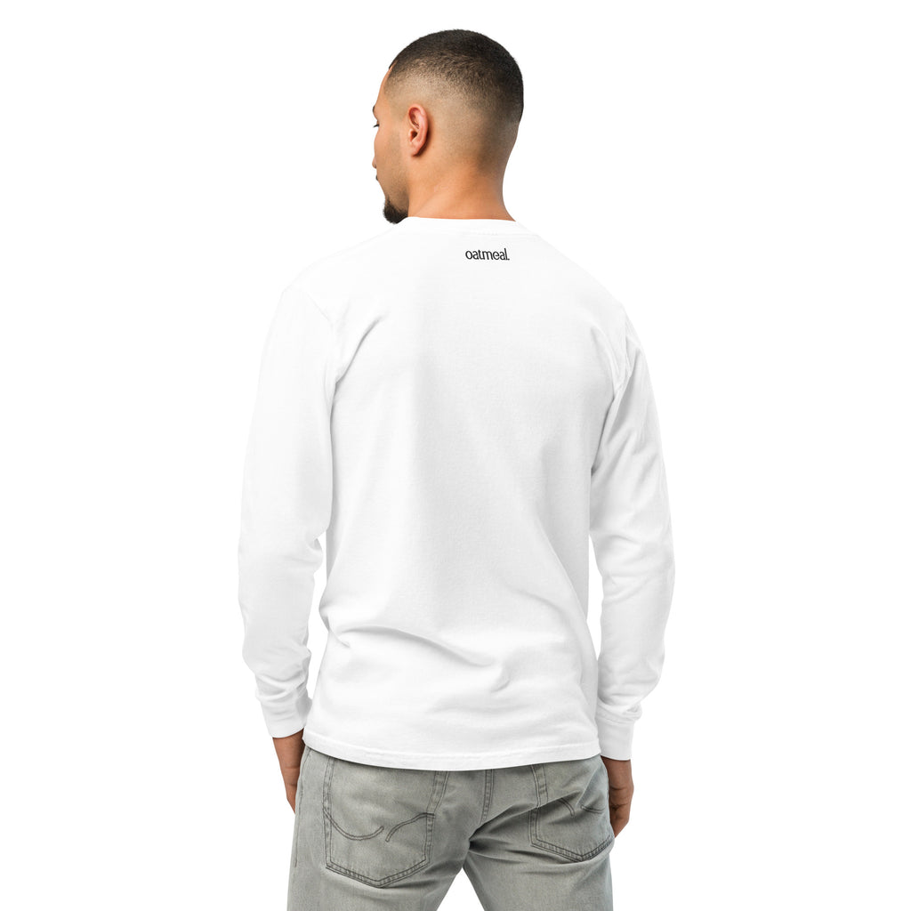 Person wearing a white long-sleeve shirt with 'oatmeal' branding on the back, standing against a white background at Oatmeal Apparel Co.