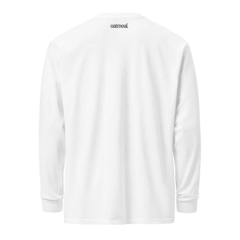 Back of White long-sleeve Bear shirt with 'oatmeal' branding on white background at Oatmeal Apparel Co.