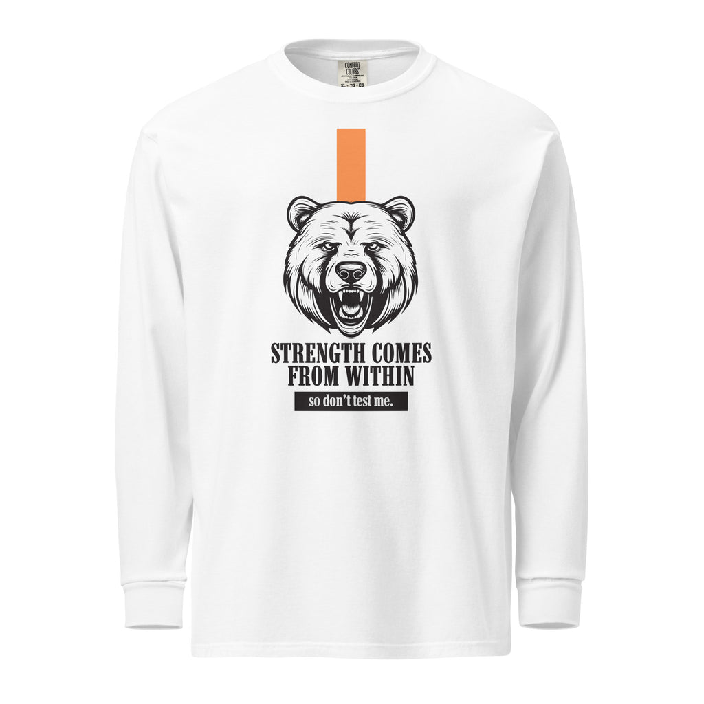 White Long-sleeve with bear graphic and motivational text on a white background at Oatmeal Apparel Co.