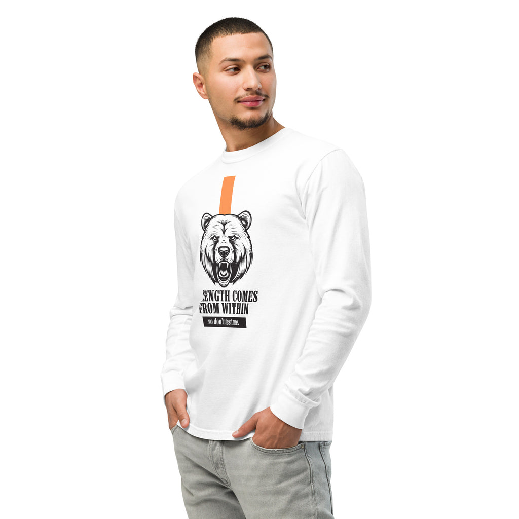 Man wearing a white long-sleeve shirt with a bear graphic and text on a white background at Oatmeal Apparel Co.