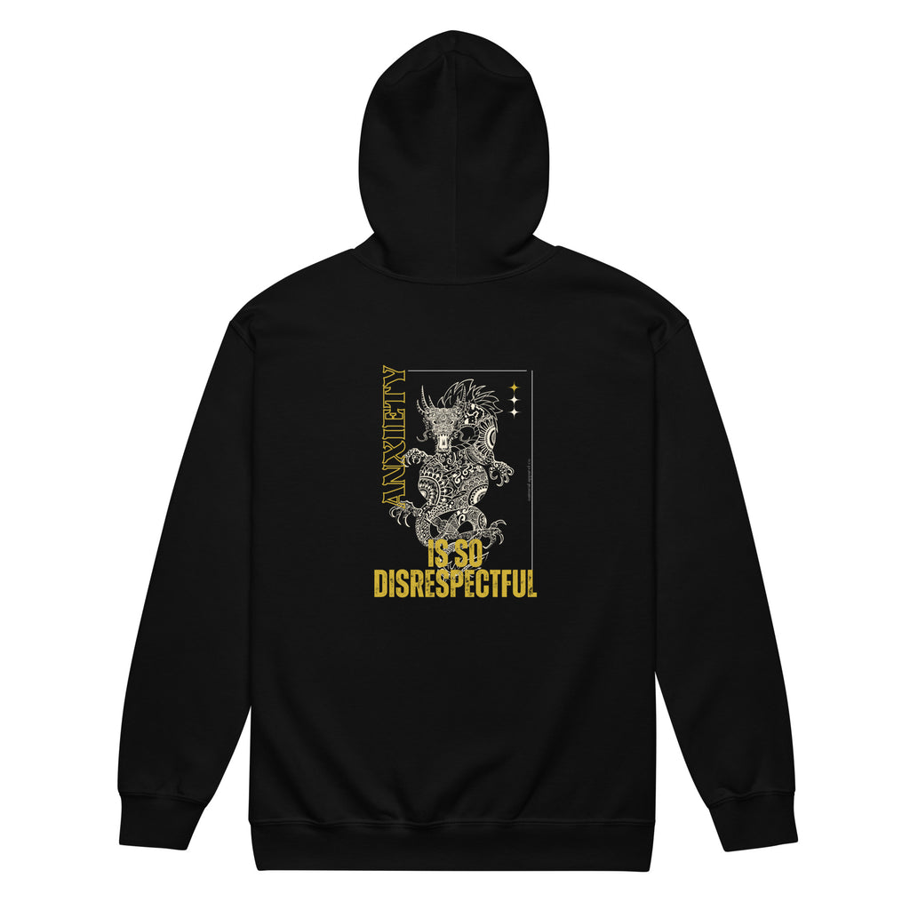 Black hoodie with dragon graphic and text on a white background at Oatmeal Apparel Co.