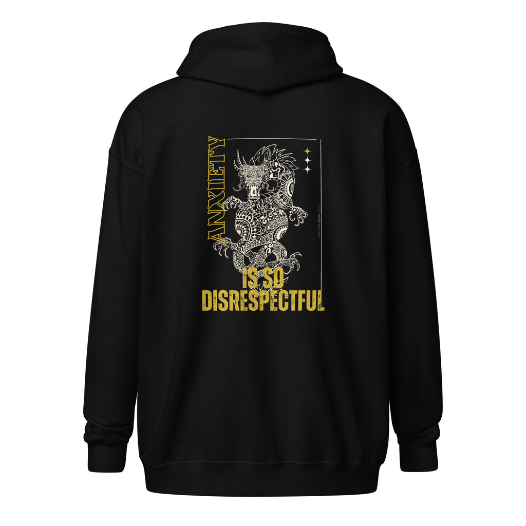 Black hoodie with a dragon design and text on the back available at Oatmeal Apparel Co.